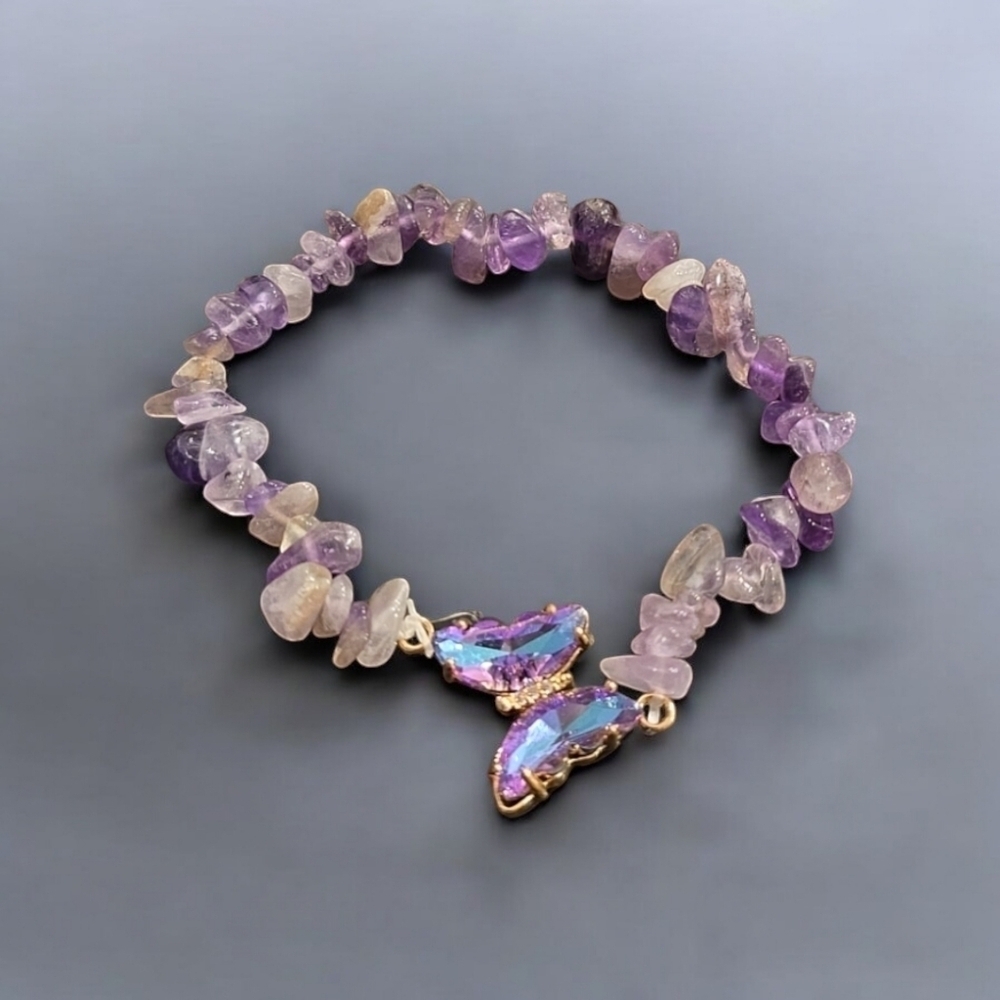 Amethyst Stone Butterfly Stretchy Bracelet - Picture 1 of 2